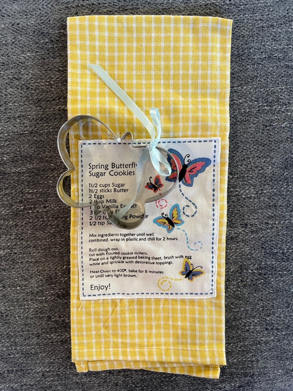 Butterfly Recipe Patch Yellow Check Cotton Kitchen Towel and Metal Cookie Cutter